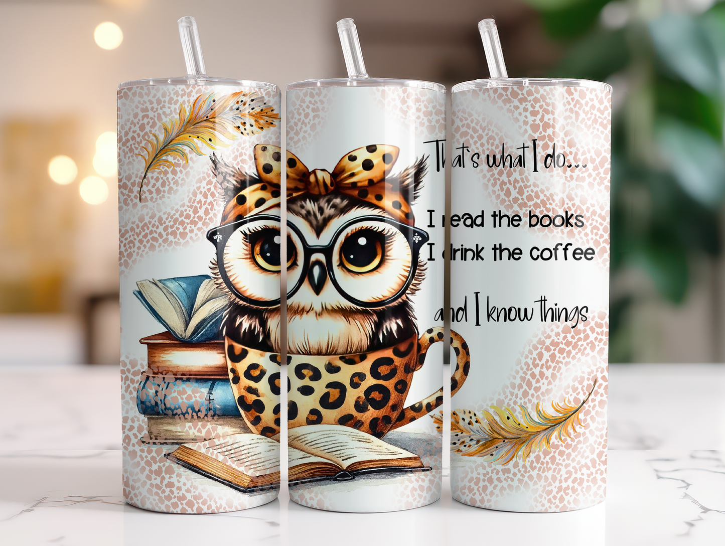 20oz Book Owl tumbler Leopard Print Feather