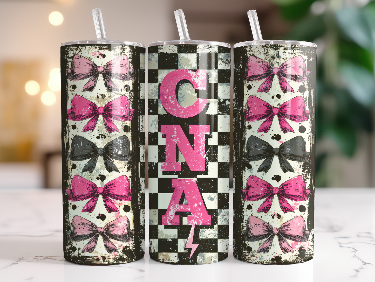 20oz Checkered CNA black and Pink Bows