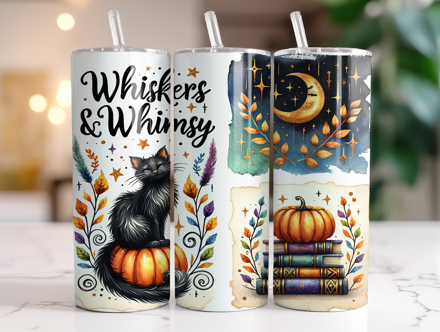 20oz Whiskers & Whimsy Spooky Cat Pumpkin Moon Floral Tumbler