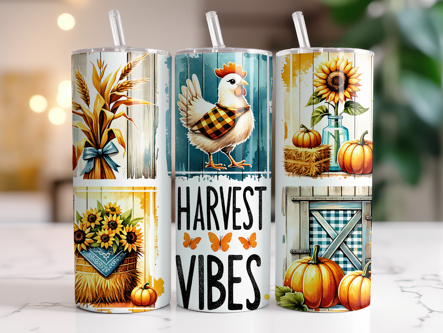 20oz Fall Harvest Vibes Pumpkin, Sunflowers Chicken Tumbler