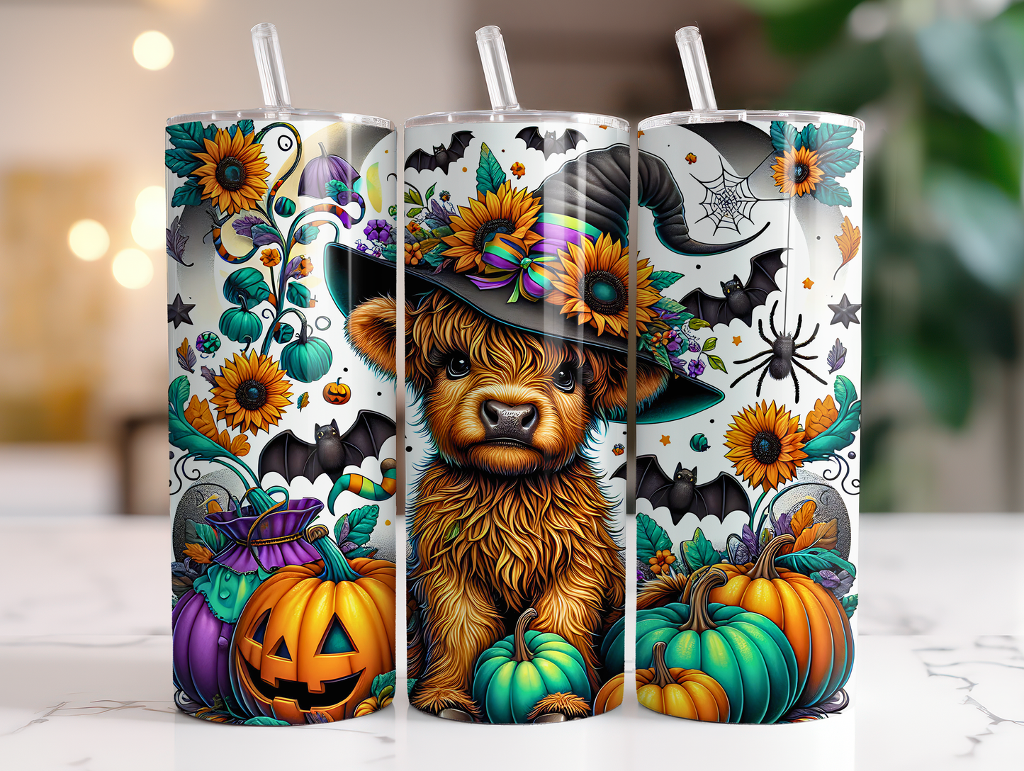20oz Spooky Witchy Highland Cow, Pumpkins, Bats, Spiders