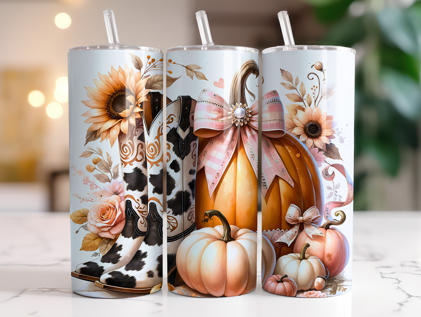 20oz Fall Pink Pumpkins, Boots Cow Bow Tumbler