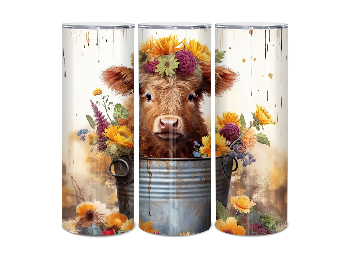 20oz Highland Cow in bucket Sunflower Tumbler