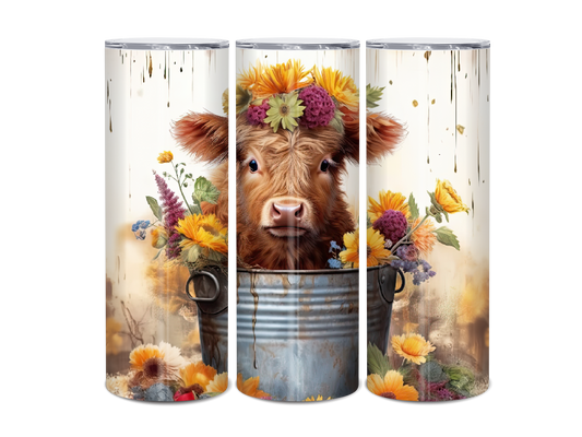 20oz Highland Cow in bucket Sunflower Tumbler