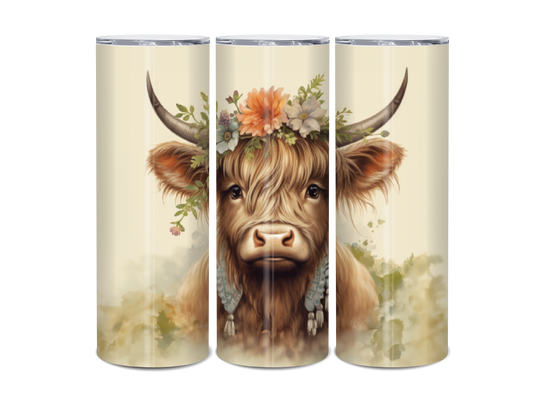 20oz Highland Cow Floral Crown Tumbler