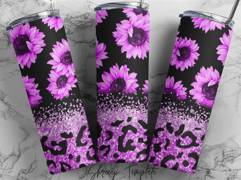 20oz Pink and Black glitter sunflower Tumbler