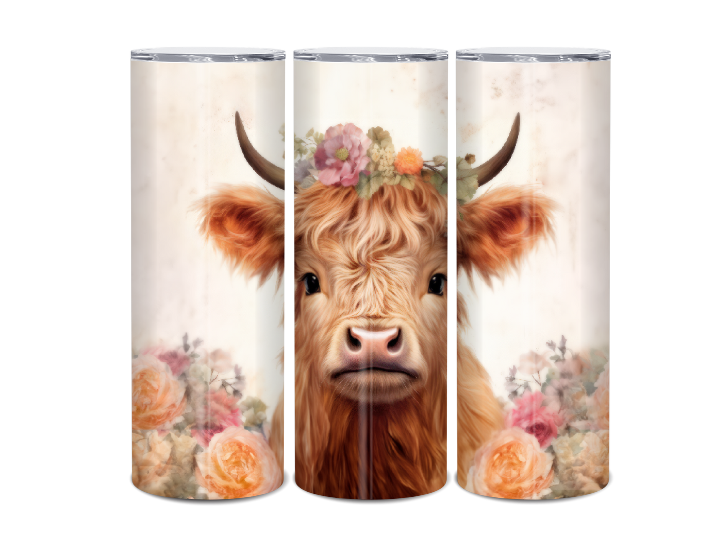 20oz Highland Cow cute with roses tumbler