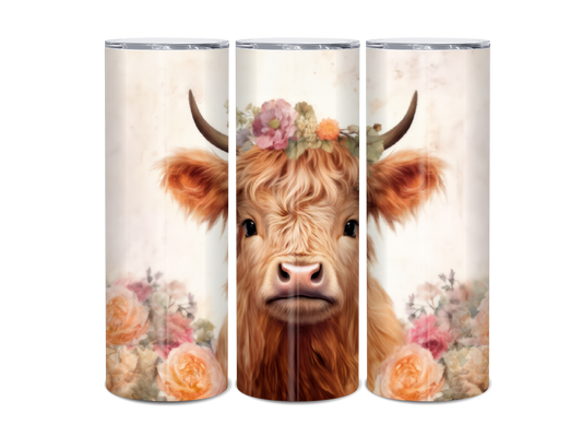 20oz Highland Cow cute with roses tumbler