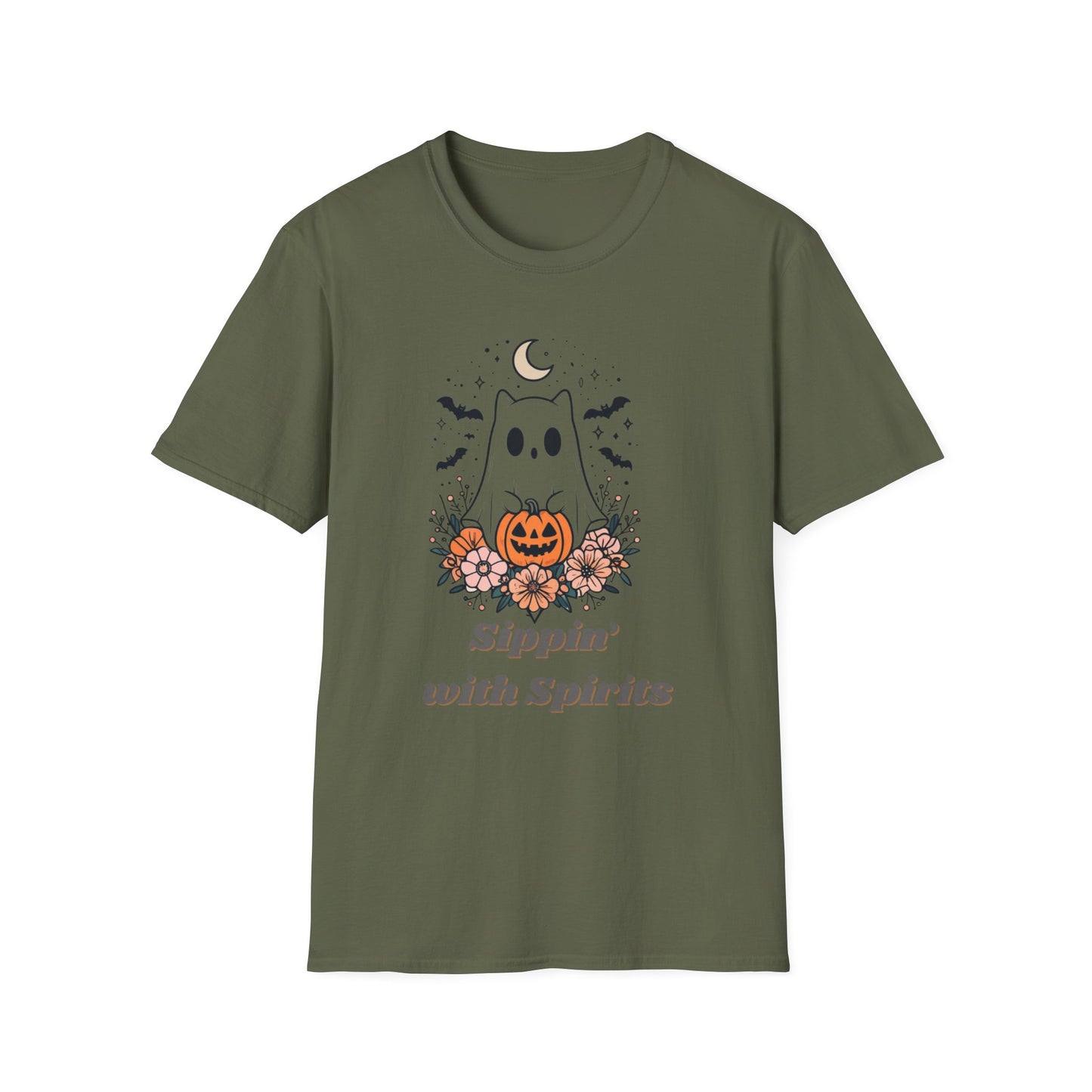 Sippin' With Spirits Halloween Ghost T-Shirt, Unisex Softstyle Tee