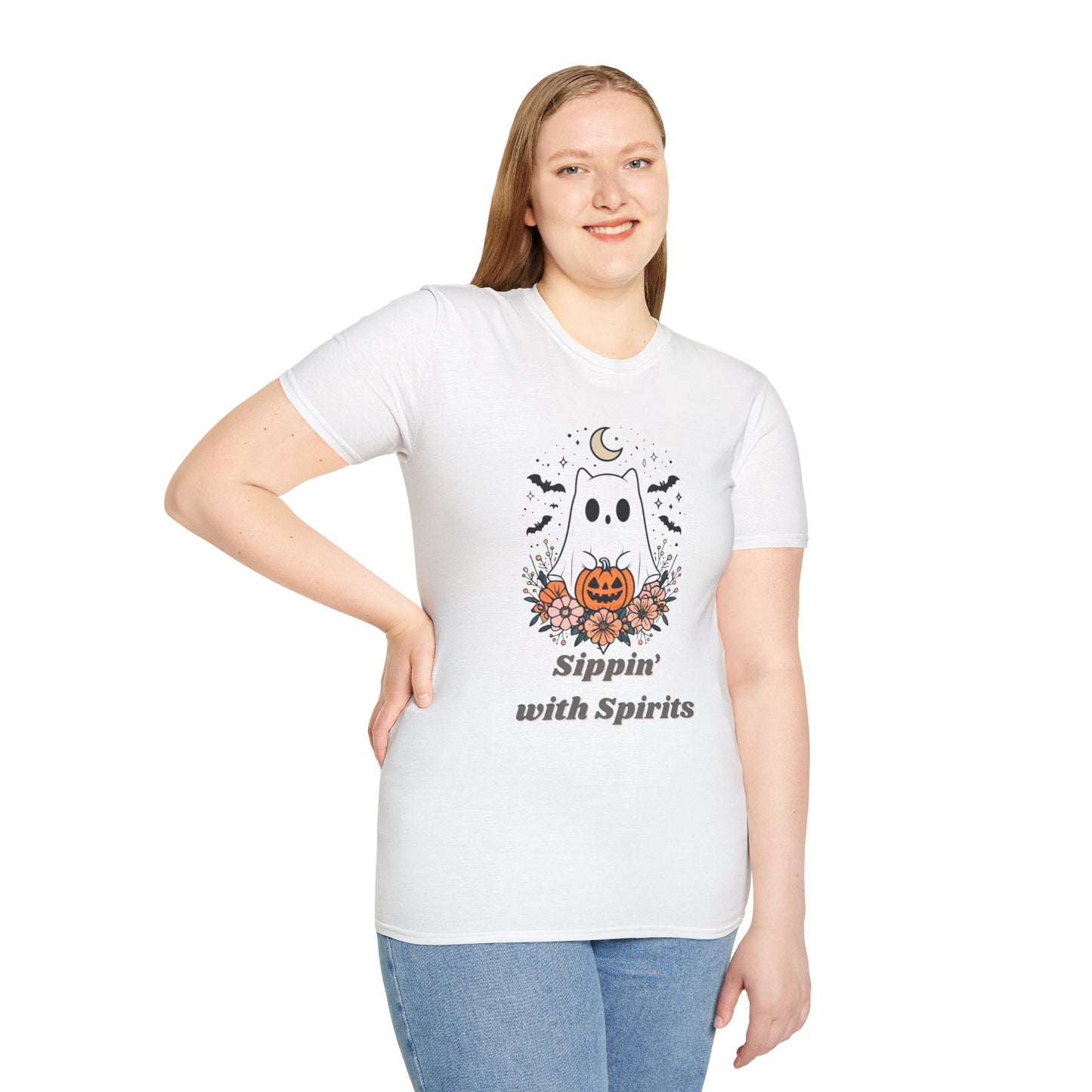 Sippin' With Spirits Halloween Ghost T-Shirt, Unisex Softstyle Tee