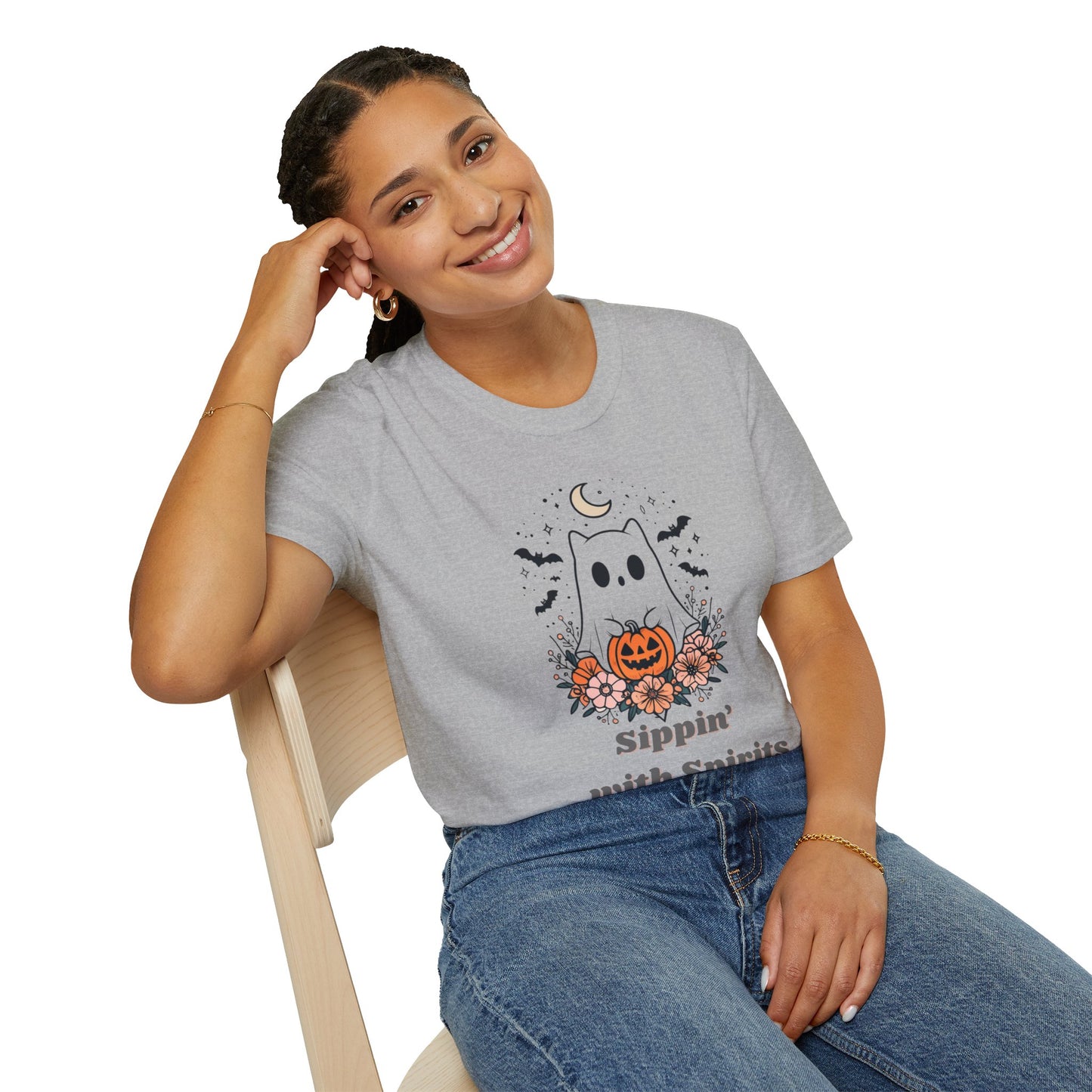 Sippin' With Spirits Halloween Ghost T-Shirt, Unisex Softstyle Tee