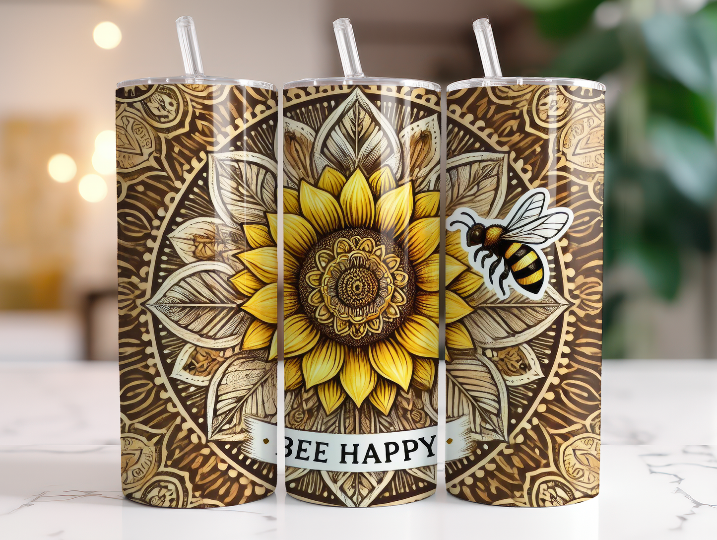 20oz Bee Happy Mandala Tumbler