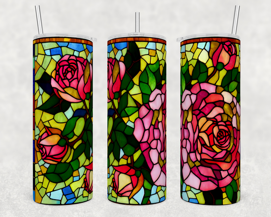 20oz Stained Glass Red & Pink Rose Tumbler