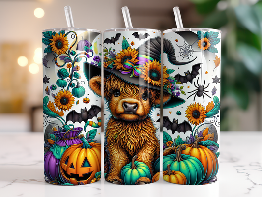 20oz Spooky Witchy Highland Cow,  Pumpkins, Bats, Spiders