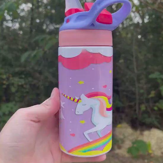 Kids cute Rainbow and clouds Unicorn 12oz kids bottle with lid and straw