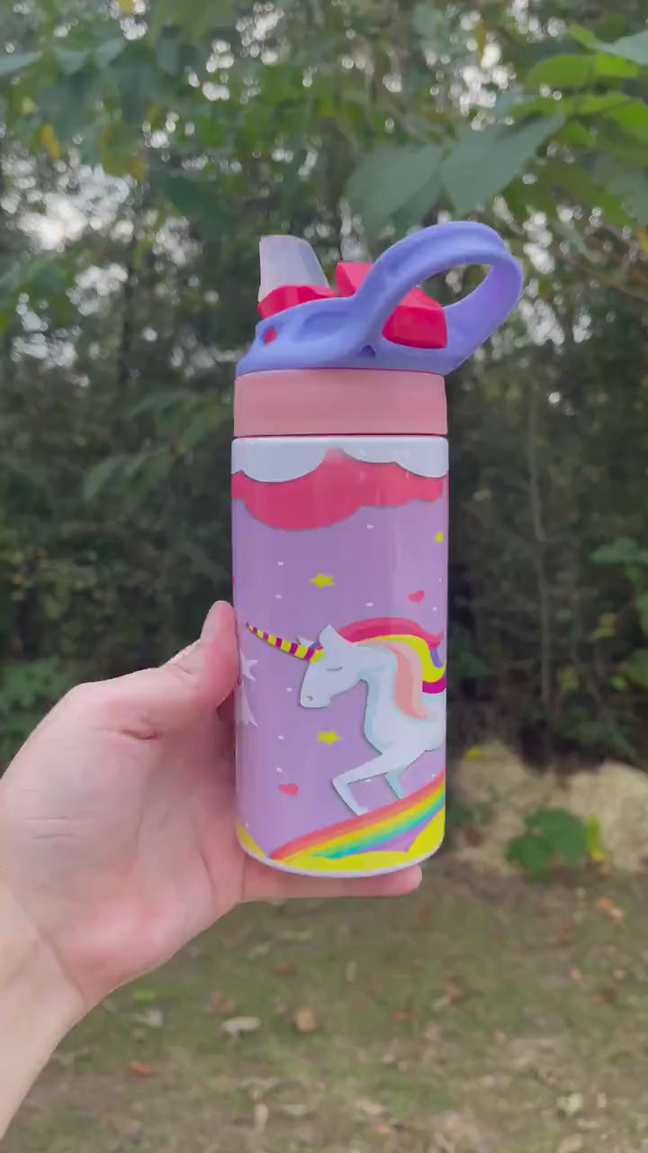 Kids cute Rainbow and clouds Unicorn 12oz kids bottle with lid and straw