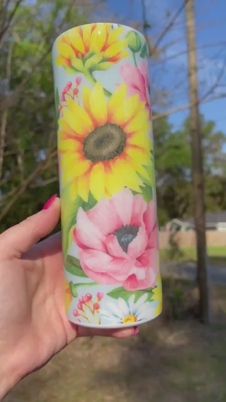 Beautiful rose blue pink yellow sunflower rose, floral artsy spring tumbler 20oz. With lid and straw. Personalizable