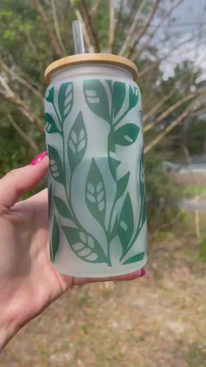 Green leaf, vines, foliage coffee can 16oz cute glass coffee can cup. With bamboo wood lid and plastic straw plant