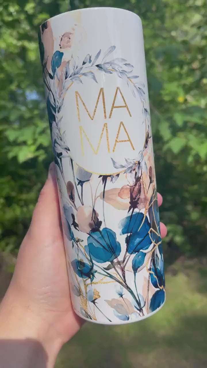 Blue and Gold MAMA 20 oz floral tumbler