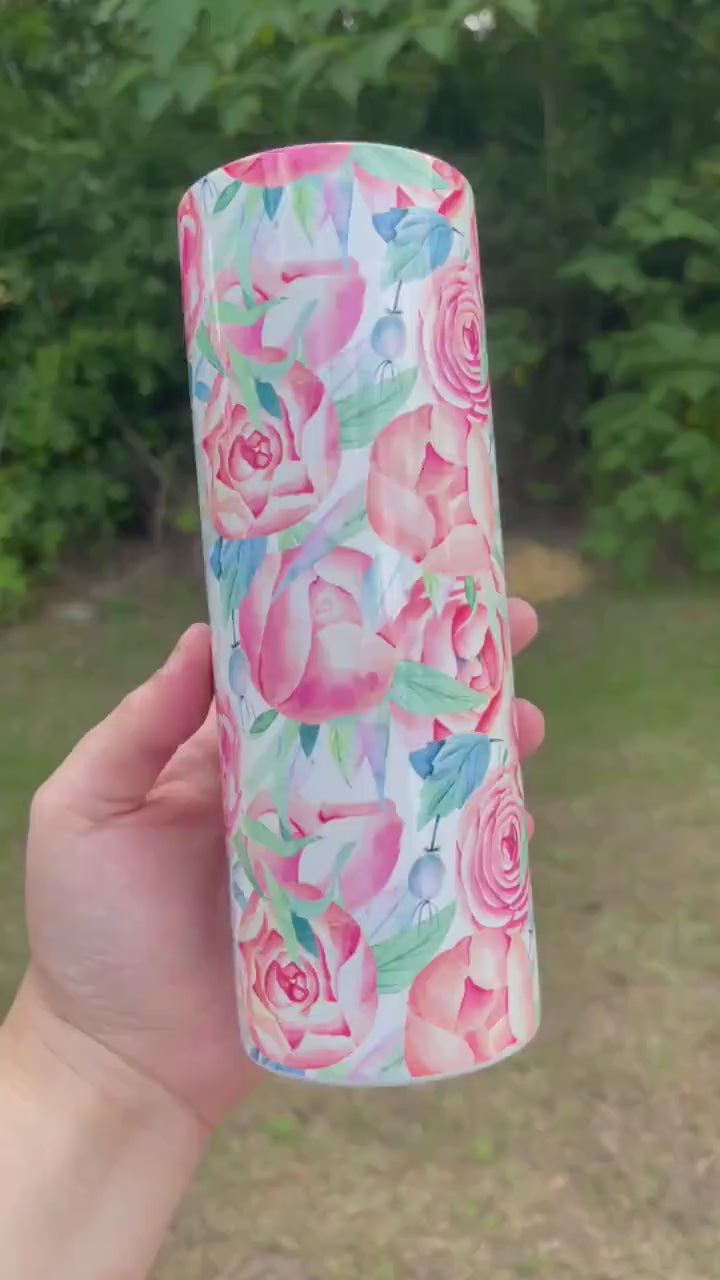 Cute pink floral rose flowers 20oz skinny tumbler