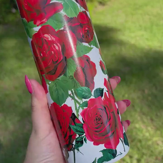 Beautiful and vibrant Red Roses  collage with stems leaves and thorns pretty tumbler 20oz skinny