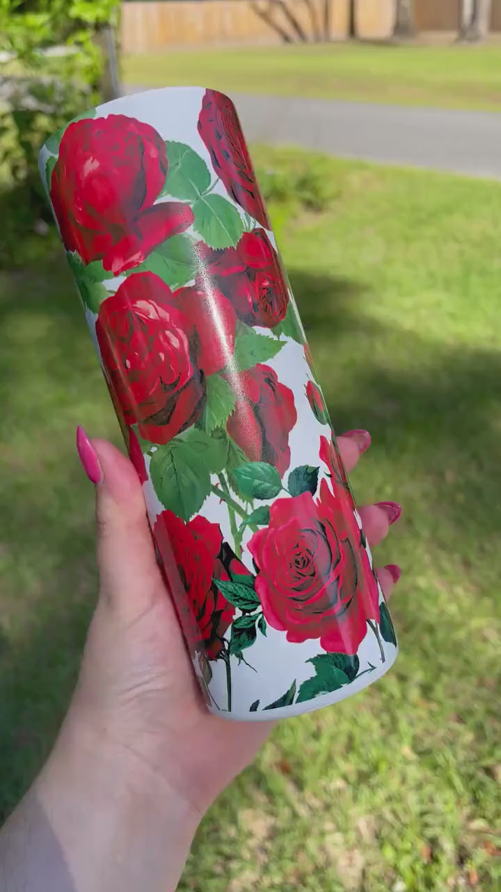 Beautiful and vibrant Red Roses  collage with stems leaves and thorns pretty tumbler 20oz skinny