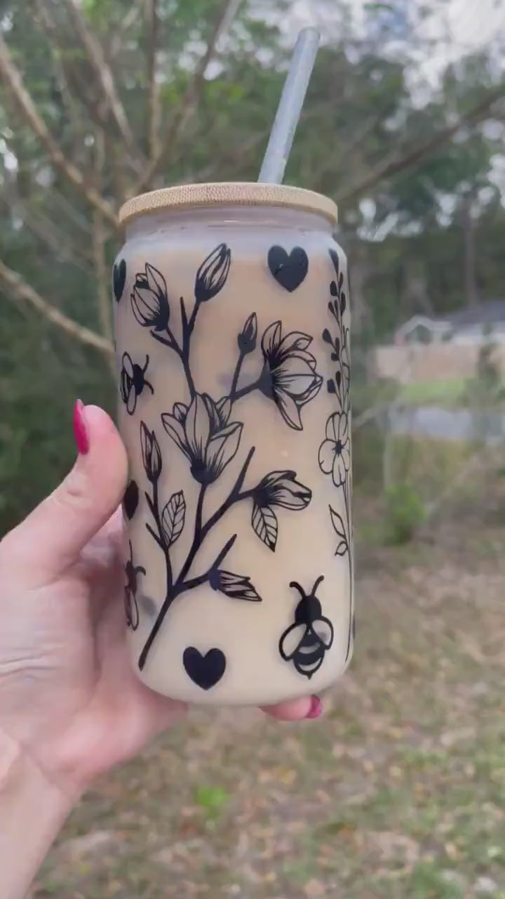 Butterflies flowers, and floral butterfly design coffee can 16oz cute glass coffee can cup. With bamboo wood lid and plastic straw