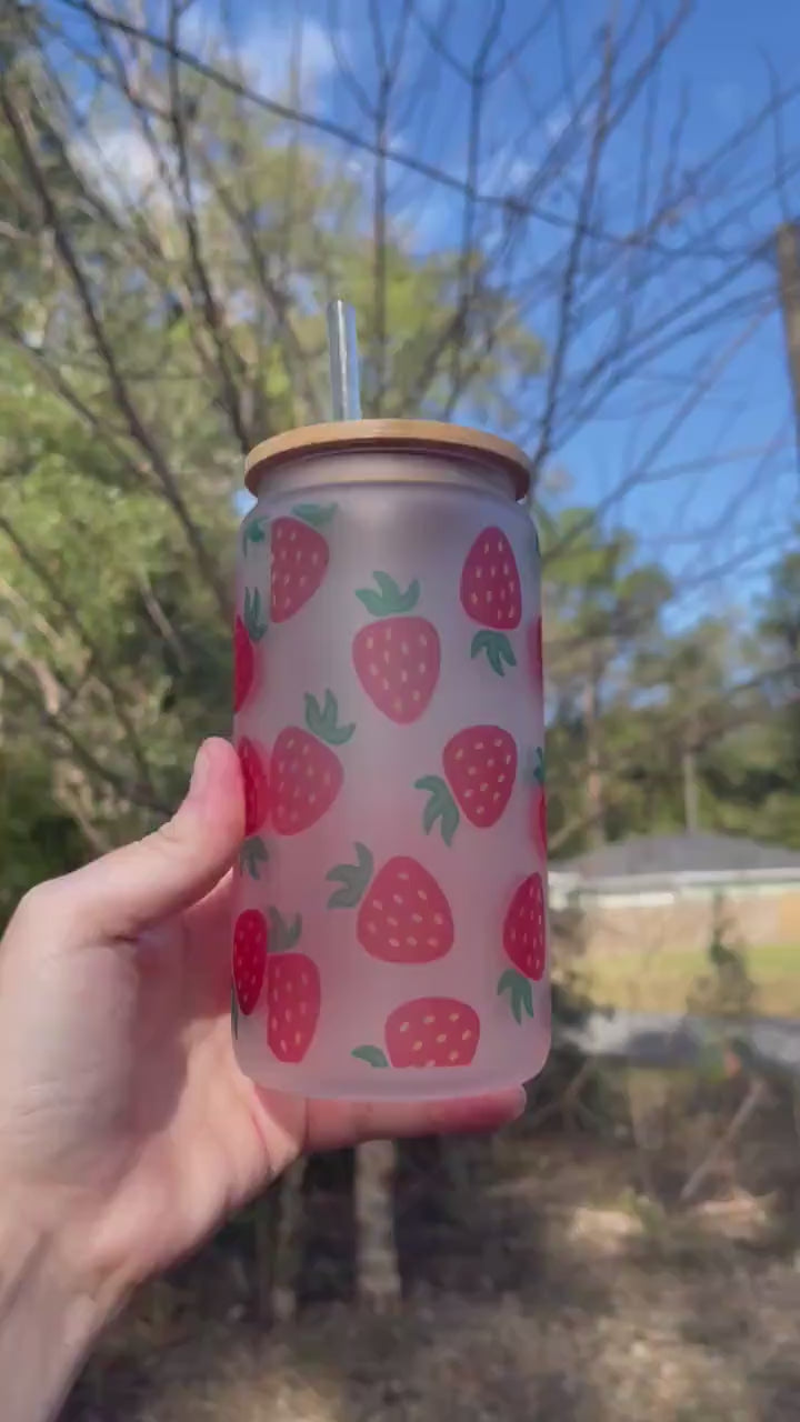 Frosted glass cup with strawberries, strawberry design. 16oz cup with bamboo lid and straw. Perfect for tea, iced coffee