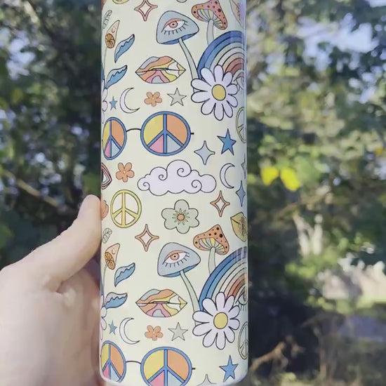 Cute retro 70s look tumbler with rainbows, mushrooms, floral stars, peace signs 20oz skinny or 12oz kids bottle