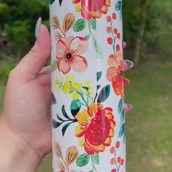 Beautiful tumbler orange  flower peony, vines floral tumbler 20oz skinny