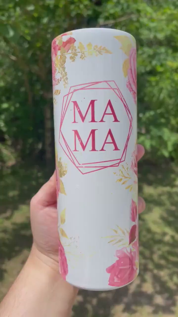 MAMA peony floral 20 or 30oz tumbler pink and gold flowers