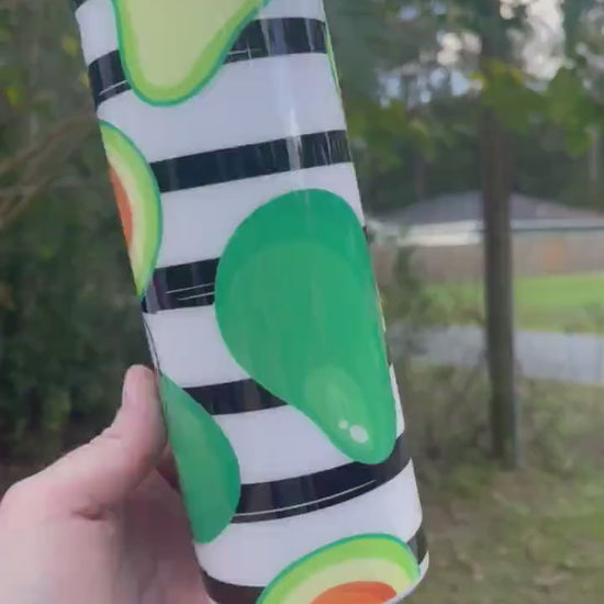 Cute black and white striped avocado cute 20oz skinny tumbler with lid and straw