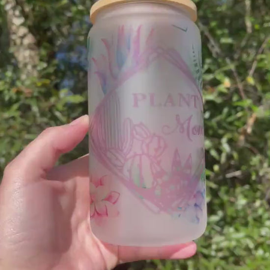 Succulents and Plant Mom with cactus   coffee can 16oz cute glass cup With bamboo wood lid and plastic straw