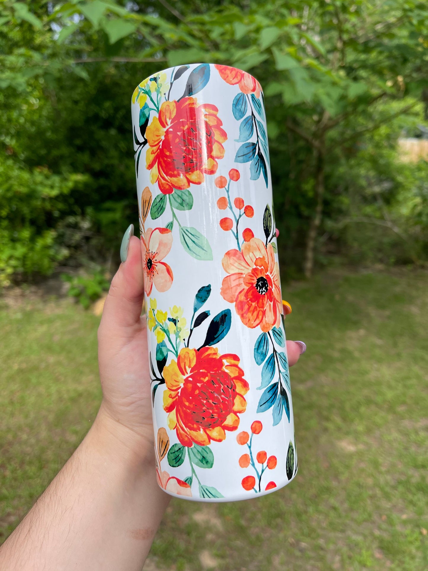 Beautiful tumbler orange  flower peony, vines floral tumbler 20oz skinny