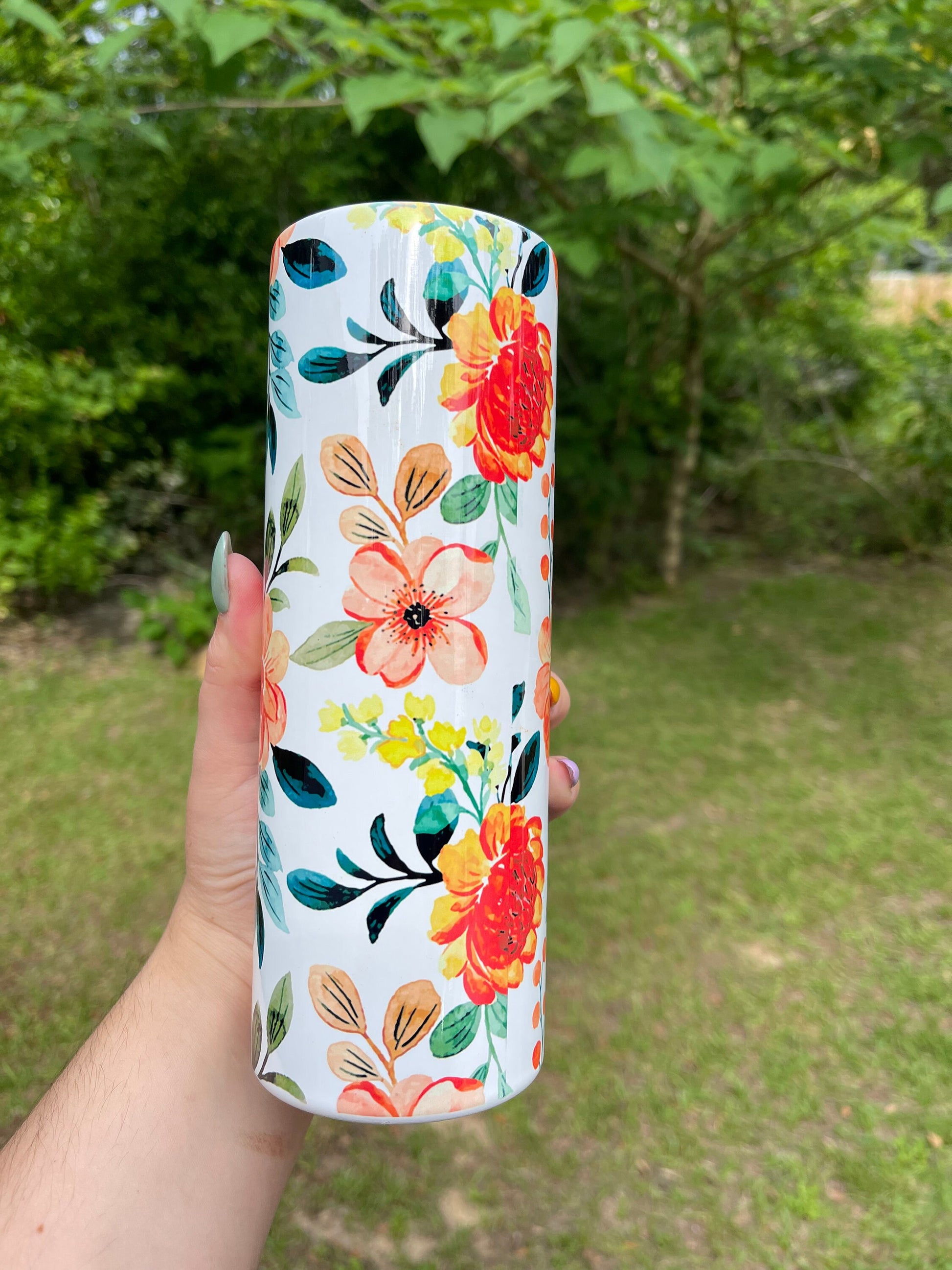 Beautiful tumbler orange  flower peony, vines floral tumbler 20oz skinny