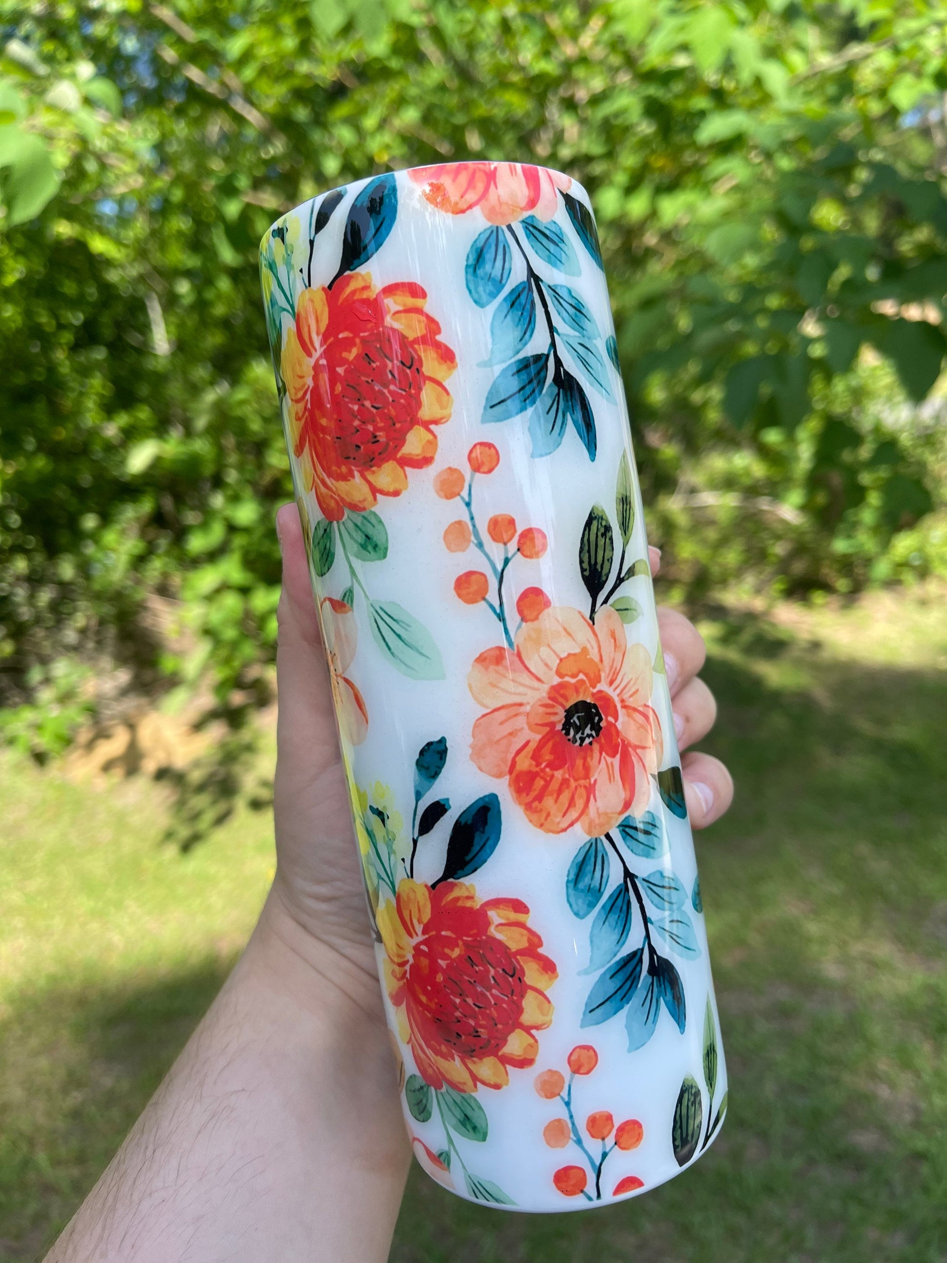 Beautiful tumbler orange  flower peony, vines floral tumbler 20oz skinny