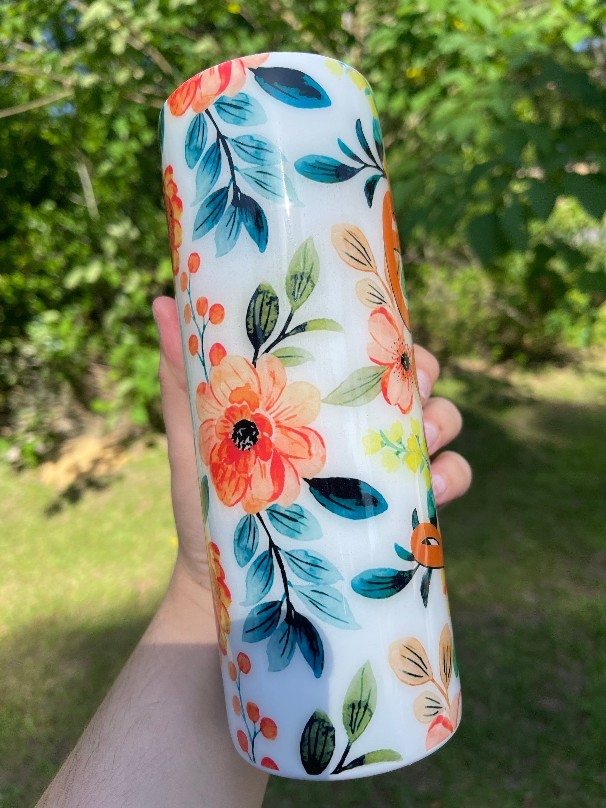 Beautiful tumbler orange  flower peony, vines floral tumbler 20oz skinny