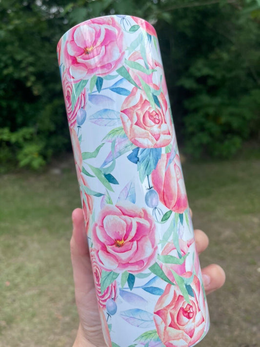 Cute pink floral rose flowers 20oz skinny tumbler