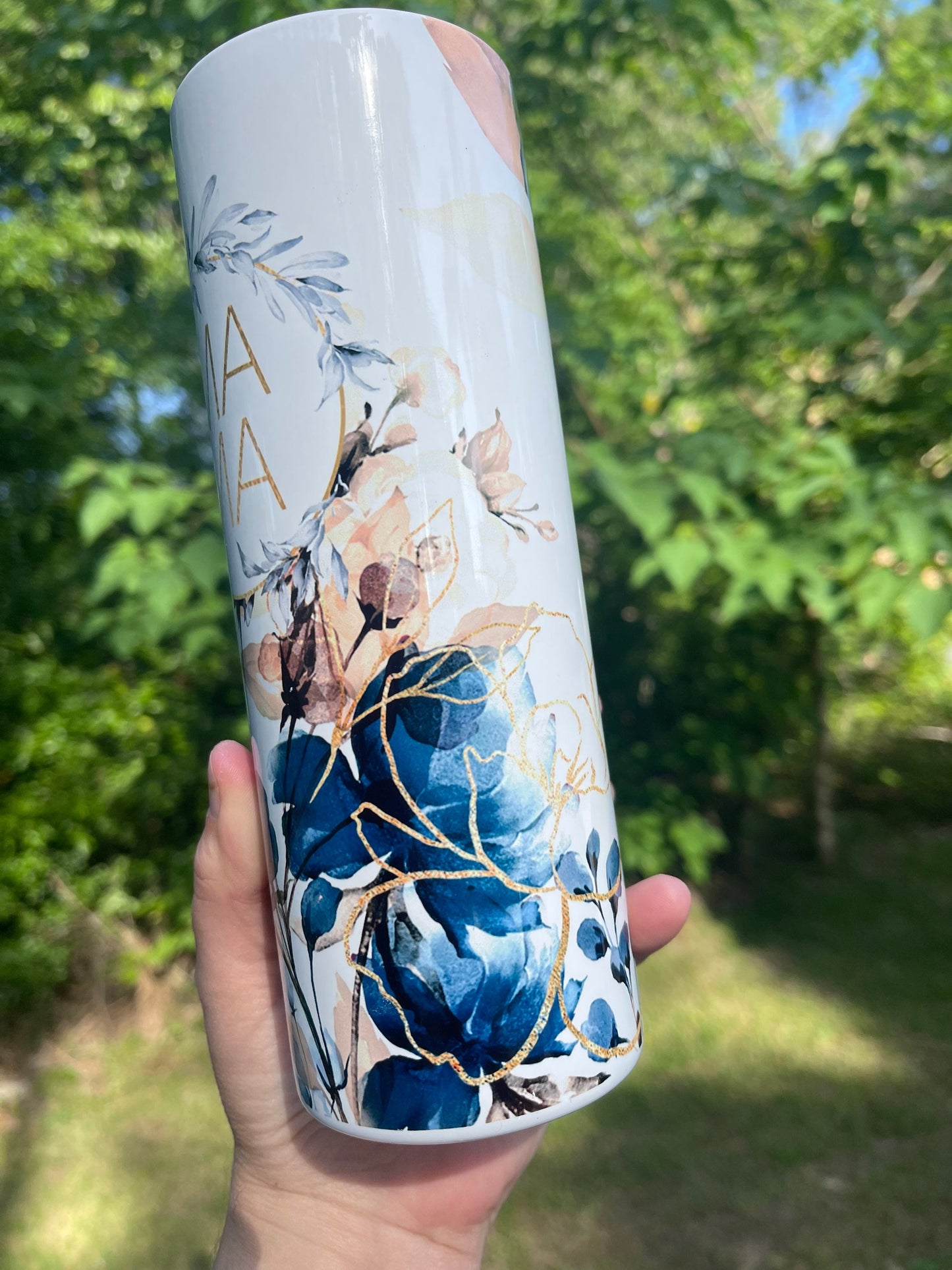 Blue and Gold MAMA 20 oz floral tumbler