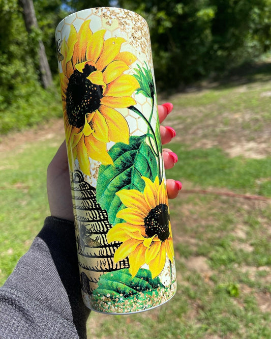 Cute gift, yellow sunflower, honey bee honey comb 20oz skinny tumbler