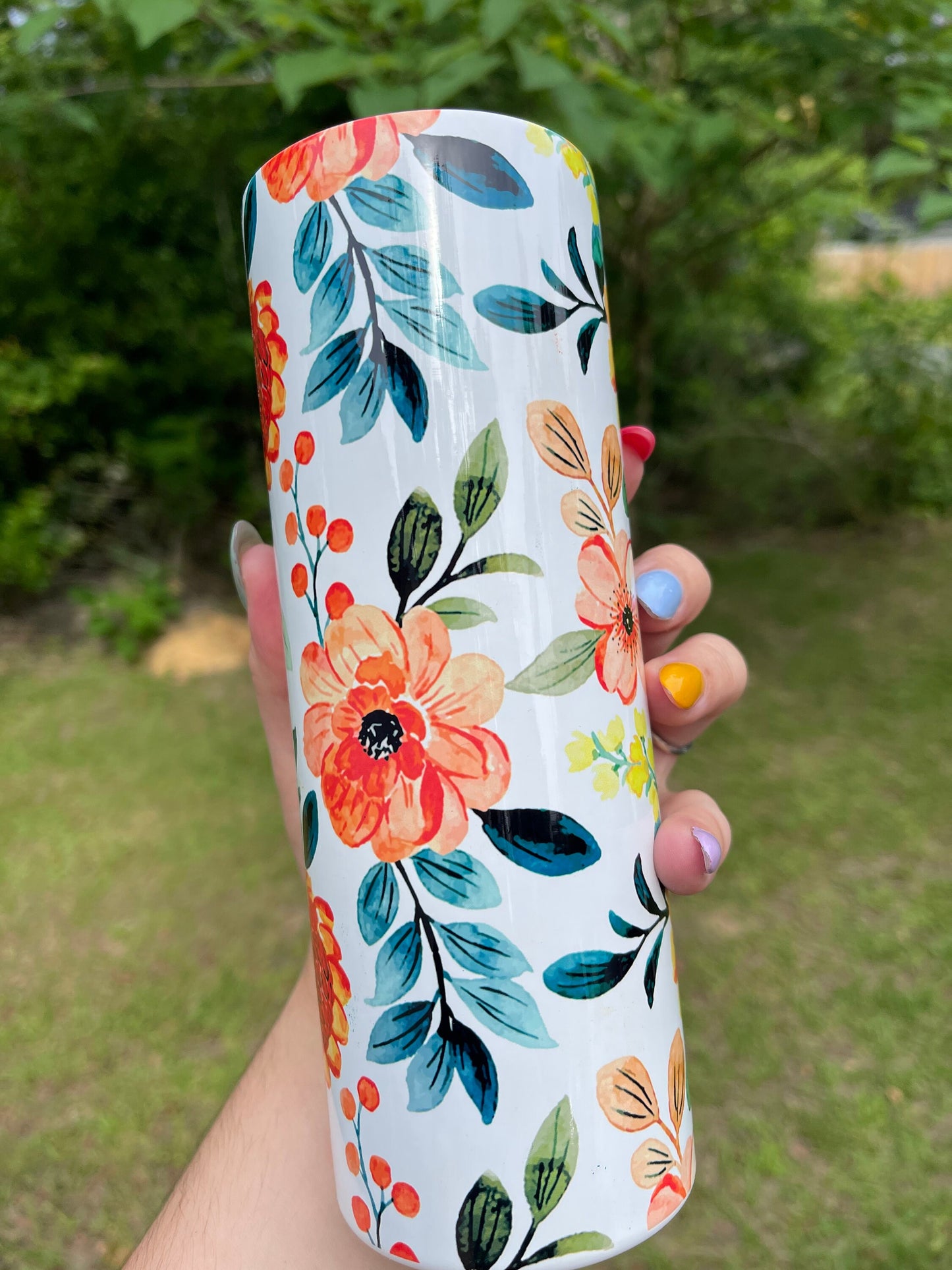 Beautiful tumbler orange  flower peony, vines floral tumbler 20oz skinny