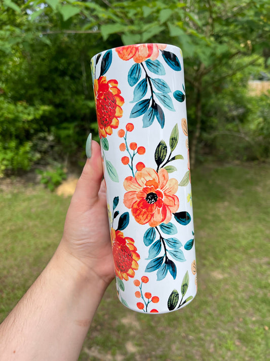 Beautiful tumbler orange  flower peony, vines floral tumbler 20oz skinny