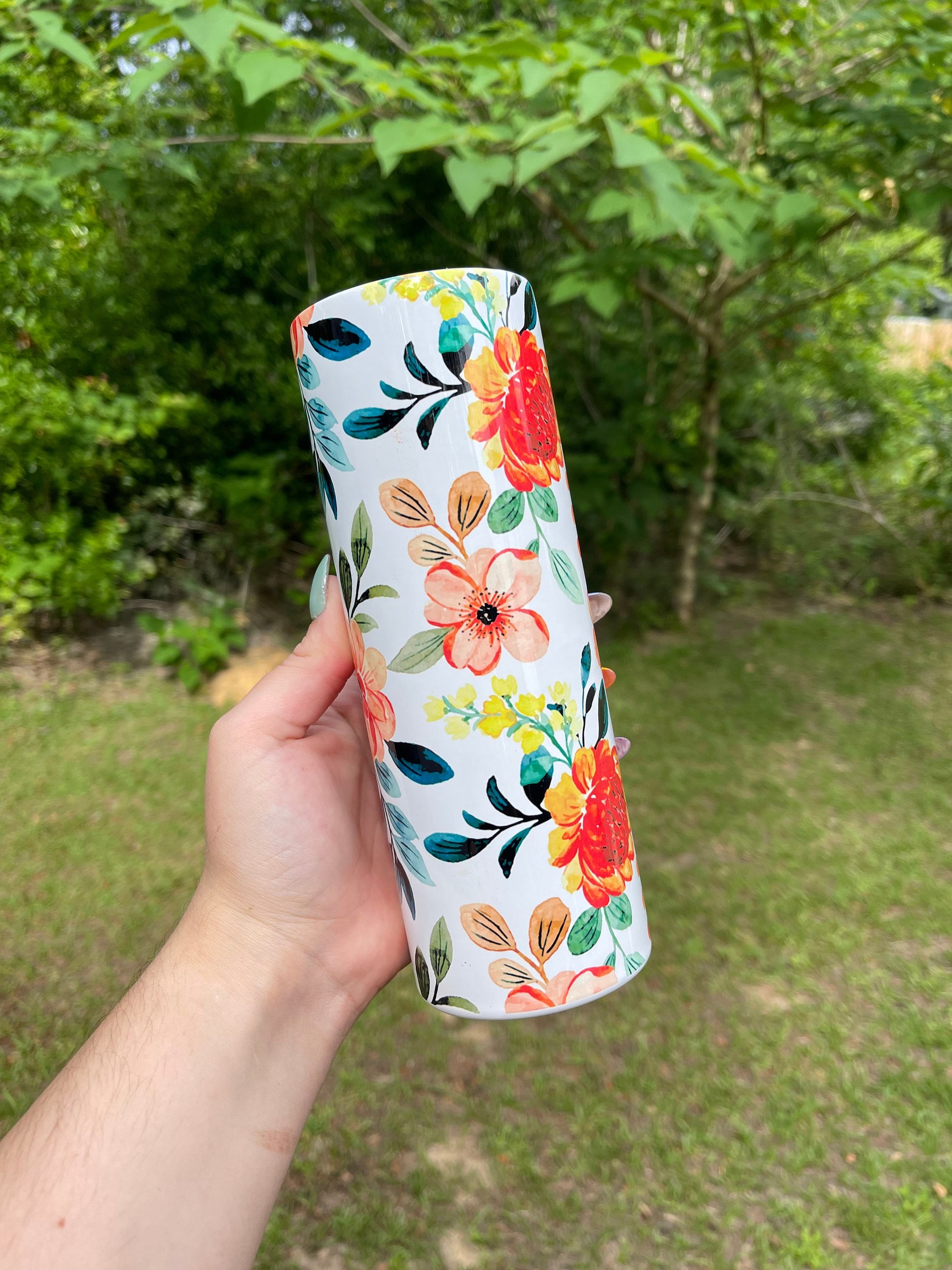 Beautiful tumbler orange  flower peony, vines floral tumbler 20oz skinny