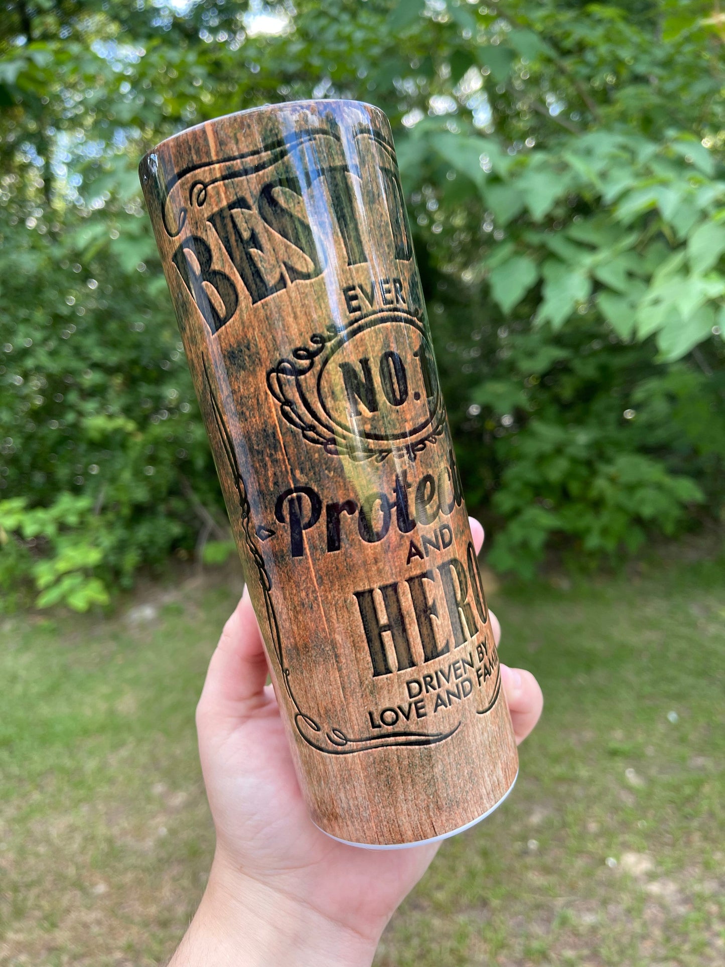 Best dad wood grain look 20 oz tumbler, fathers day tumbler- hero and protector