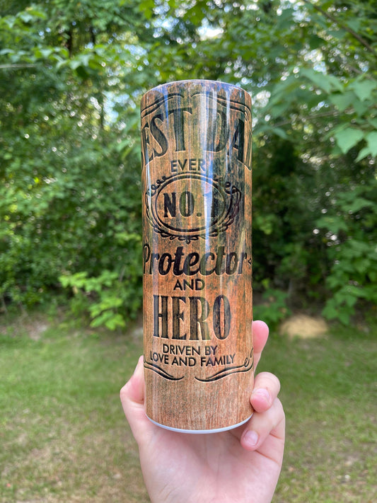 Best dad wood grain look 20 oz tumbler, fathers day tumbler- hero and protector