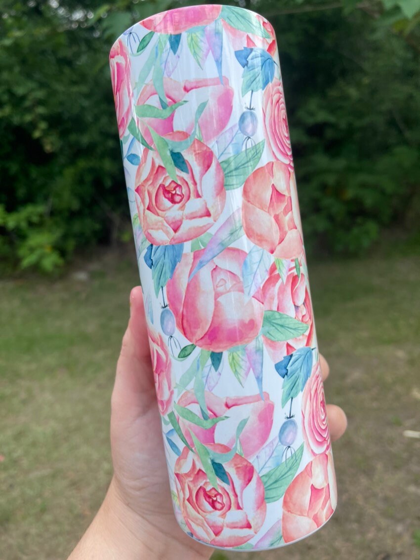 Cute pink floral rose flowers 20oz skinny tumbler