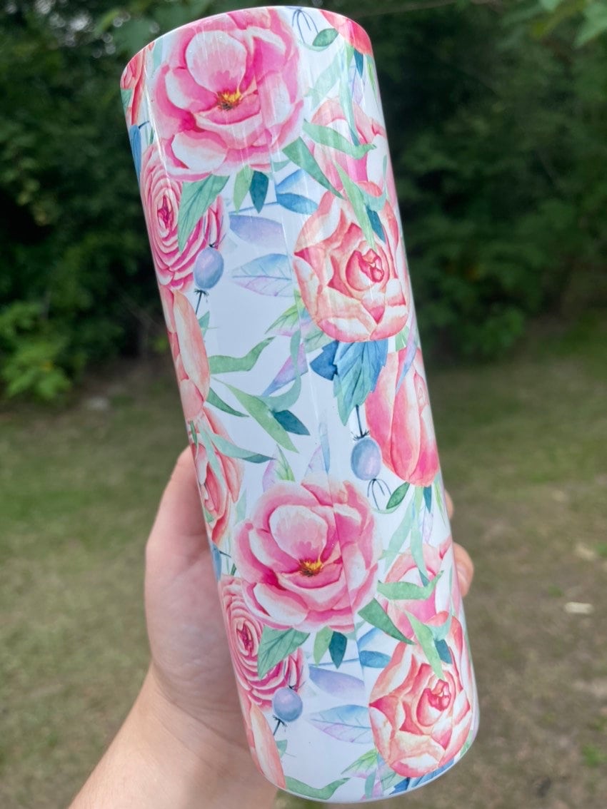 Cute pink floral rose flowers 20oz skinny tumbler