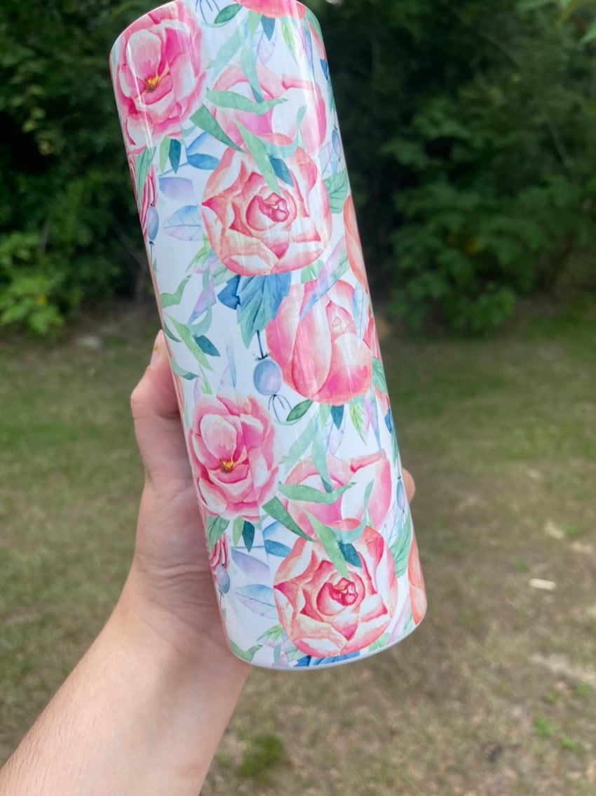 Cute pink floral rose flowers 20oz skinny tumbler