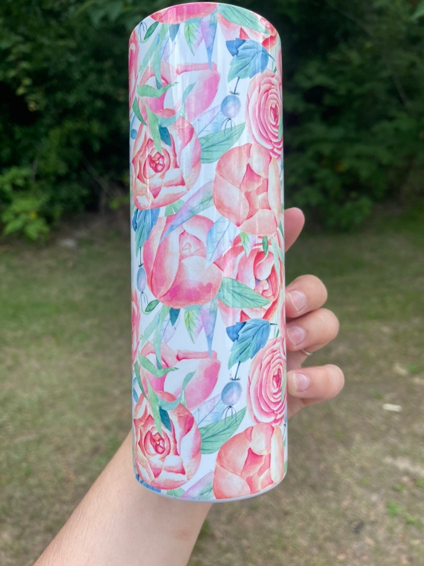 Cute pink floral rose flowers 20oz skinny tumbler