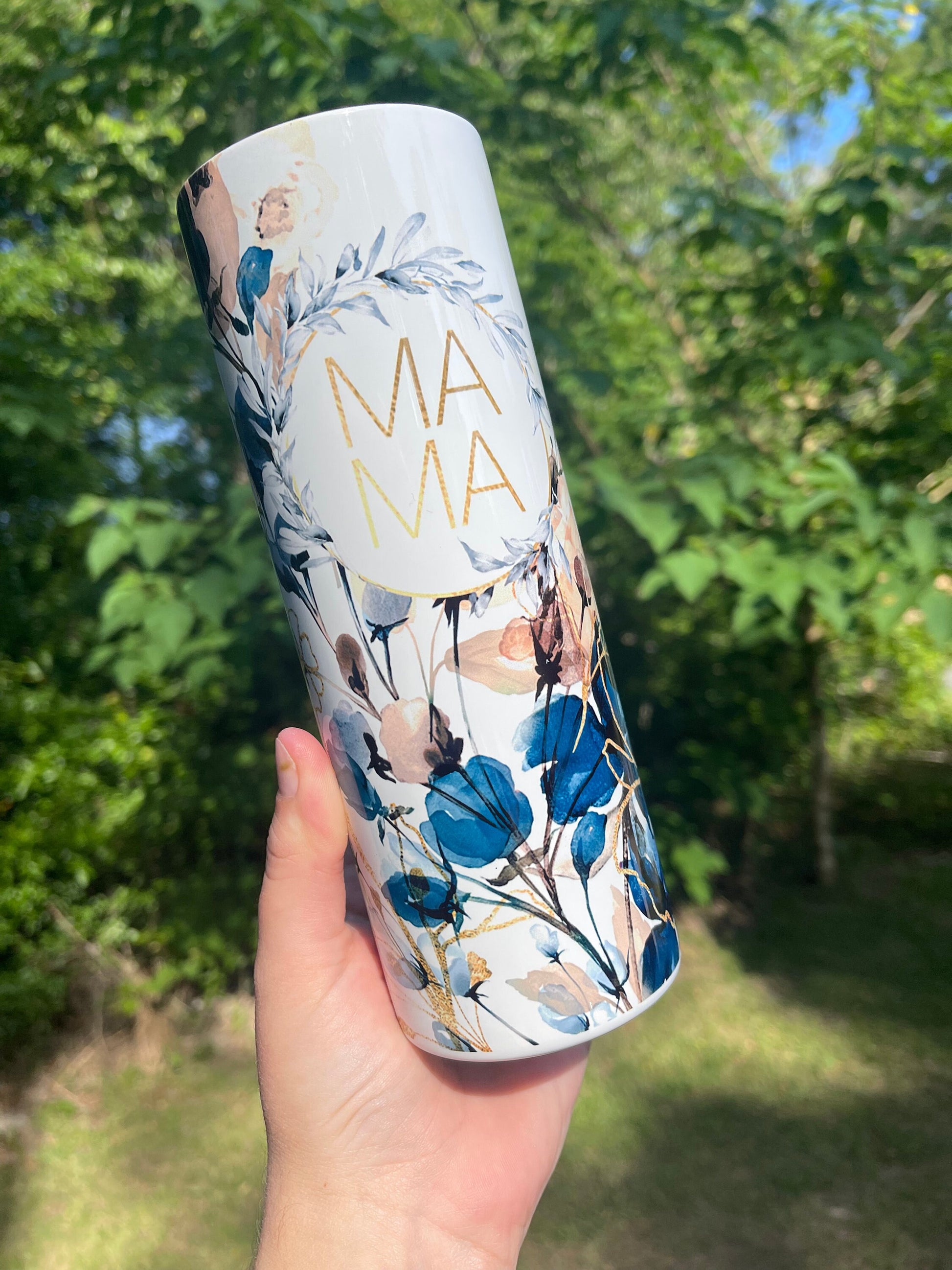 Blue and Gold MAMA 20 oz floral tumbler